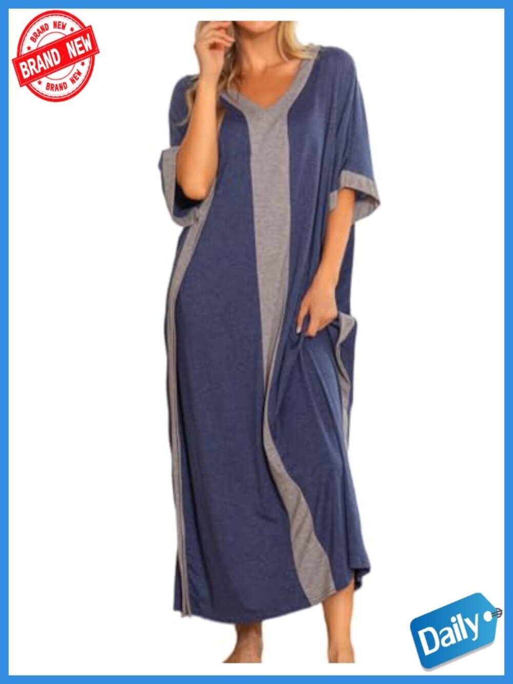 Cotton Rayon Spandex Nightgown with Pockets V-Neck Caftan Sleepwear Lounge Dress
